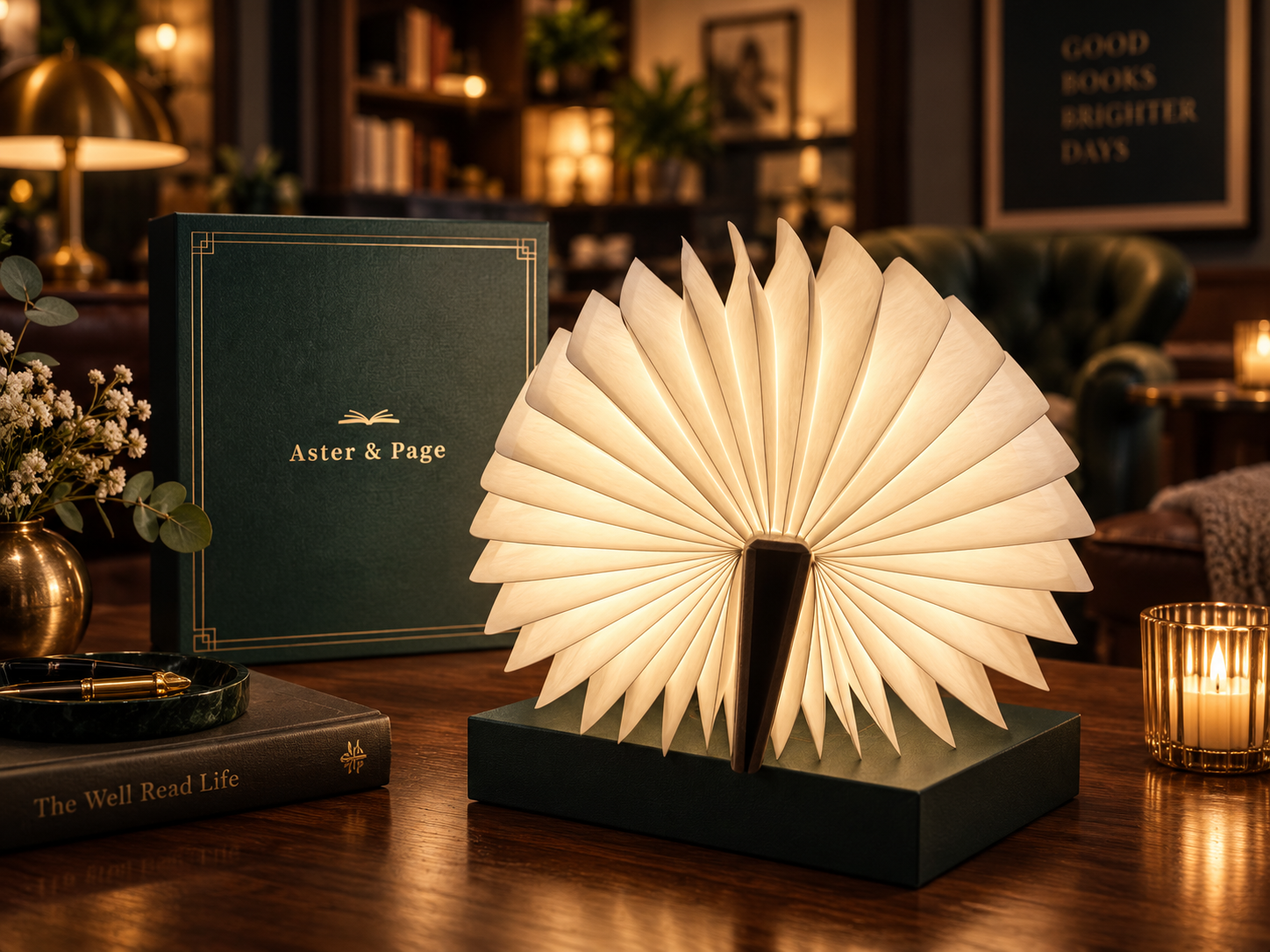 The Classic fanned open and glowing on a desk beside its emerald Aster & Page case