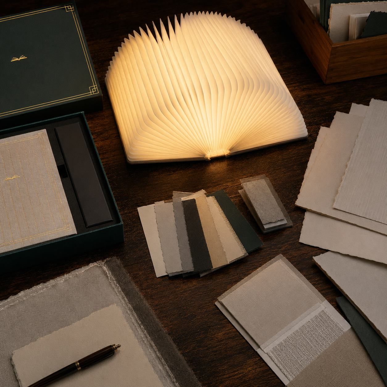 A folded book-shaped lamp opened on a wooden desk