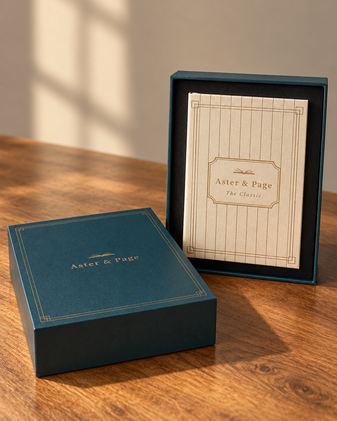 The Classic keepsake box open on a wooden table, showing the ivory and gold cover inside